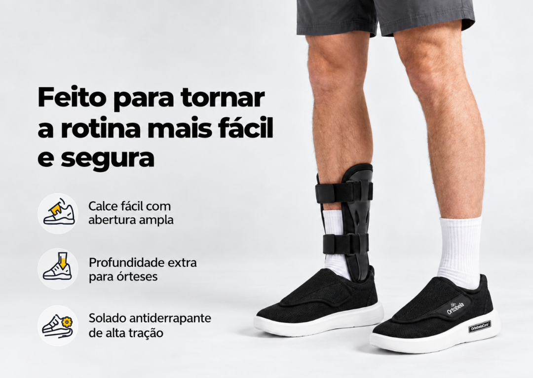 Esque&ccedil;a a dificuldade de colocar o p&eacute; dentro de um t&ecirc;nis apertado.  O sistema de abertura ampla com velcro ajust&aacute;vel permite abrir boa parte do cabedal para facilitar a entrada do p&eacute; e depois regular o fechamento conforme a necessidade.  Isso &eacute; especialmente &uacute;til para quem possui:  p&eacute;s inchados; peito do p&eacute; alto; altera&ccedil;&otilde;es de volume durante o dia; mobilidade reduzida; dificuldade para amarrar cadar&ccedil;os; sensibilidade nos p&eacute;s. O velcro tamb&eacute;m permite adaptar o ajuste ao p&eacute; com mais facilidade do que um cal&ccedil;ado convencional de fechamento fixo.